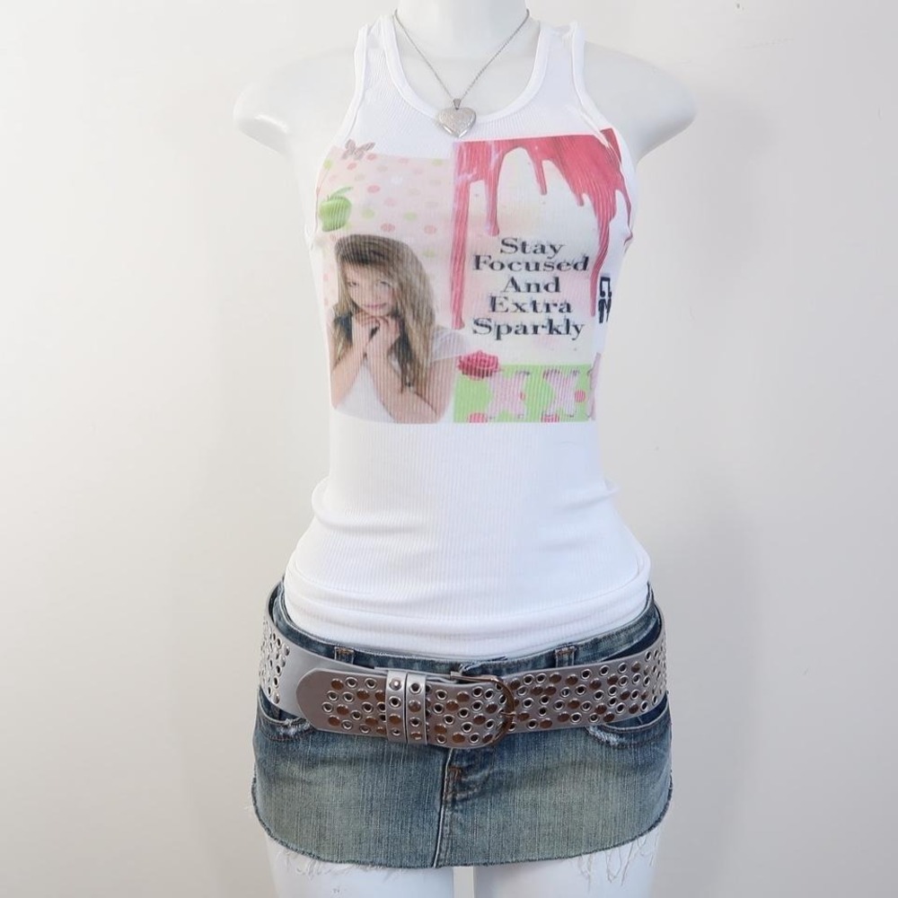y2k extra sparkly graphic tank white ribbed baby tee mcbling size S